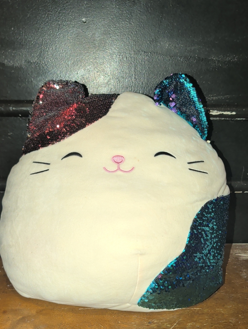 Plush Cat Cushion with Reversible Sequin Ears and Patches - Cream/Teal